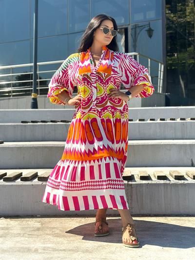 Oversize Bohem Pamuk Kumaş Turuncu Desen Maxi Boy Uzun Elbise - Pembe 