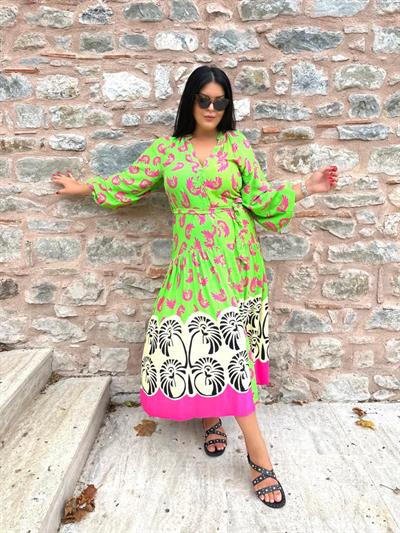 Oversize Fuşya Desen Pamuk Kumaş Maxi Boy Elbise - Yeşil 