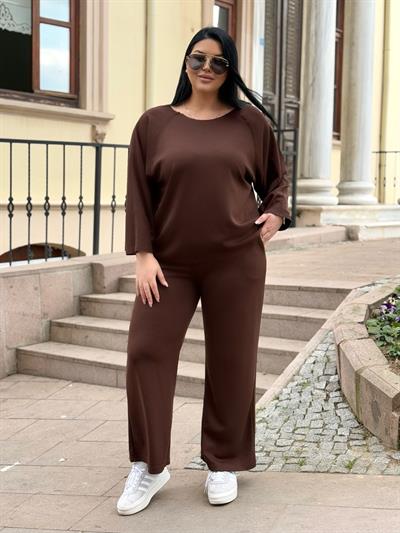 Oversize Pamuklu Ekstra Yumuşak Modal Kumaş Kadın Eşofman Takım - Kahve 