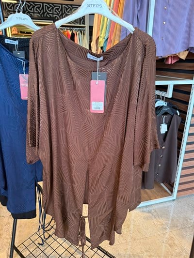Oversize Üçgen Jakar Bağlamalı Kadın Bluz - Kahve 