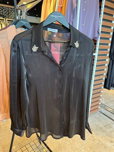 Oversize Yaka Taş Detaylı Organze Kumaş Kadın Gömlek - Siyah 