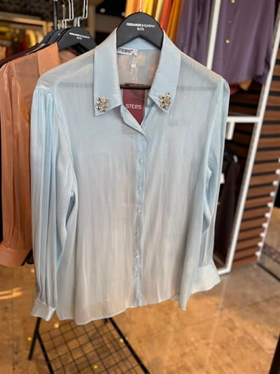 Oversize Yaka Taş Detaylı Organze Kumaş Kadın Gömlek - Bebe Mavi 