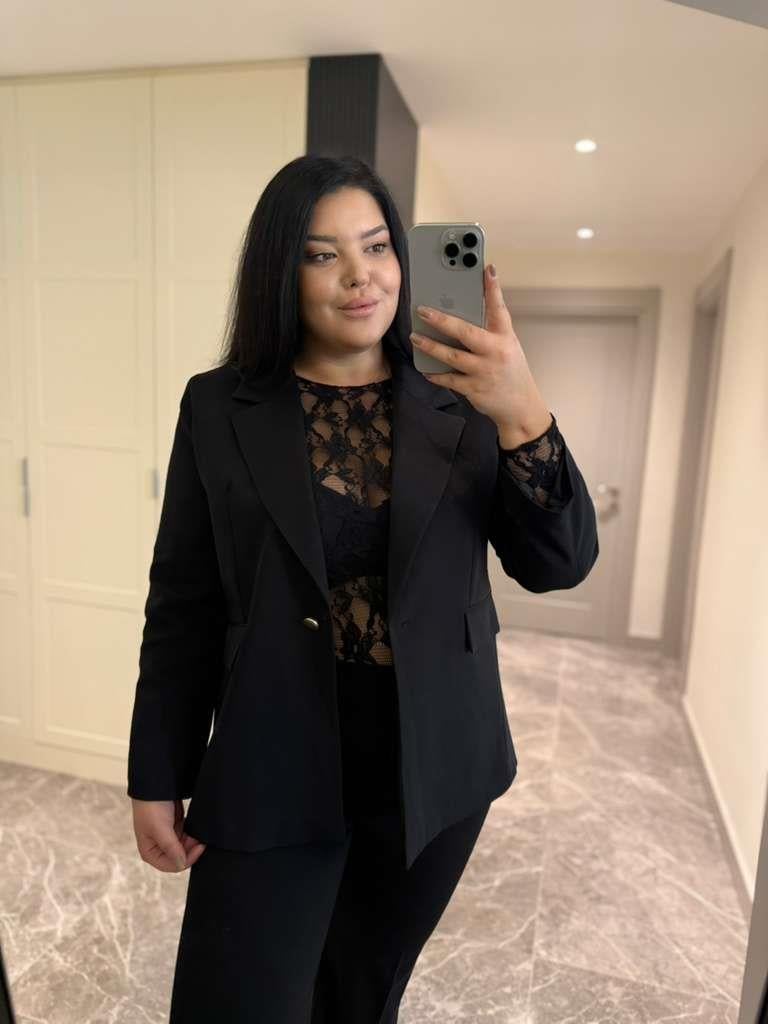 Büyük Beden Astarlı Kadın Blazer Ceket - Siyah  