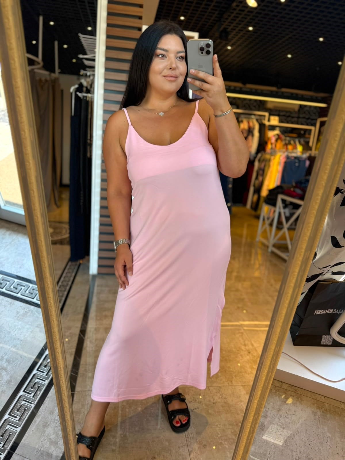 Büyük Beden Ayarlanabilir İp Askılı Modal Kumaş Elbise - Pembe 