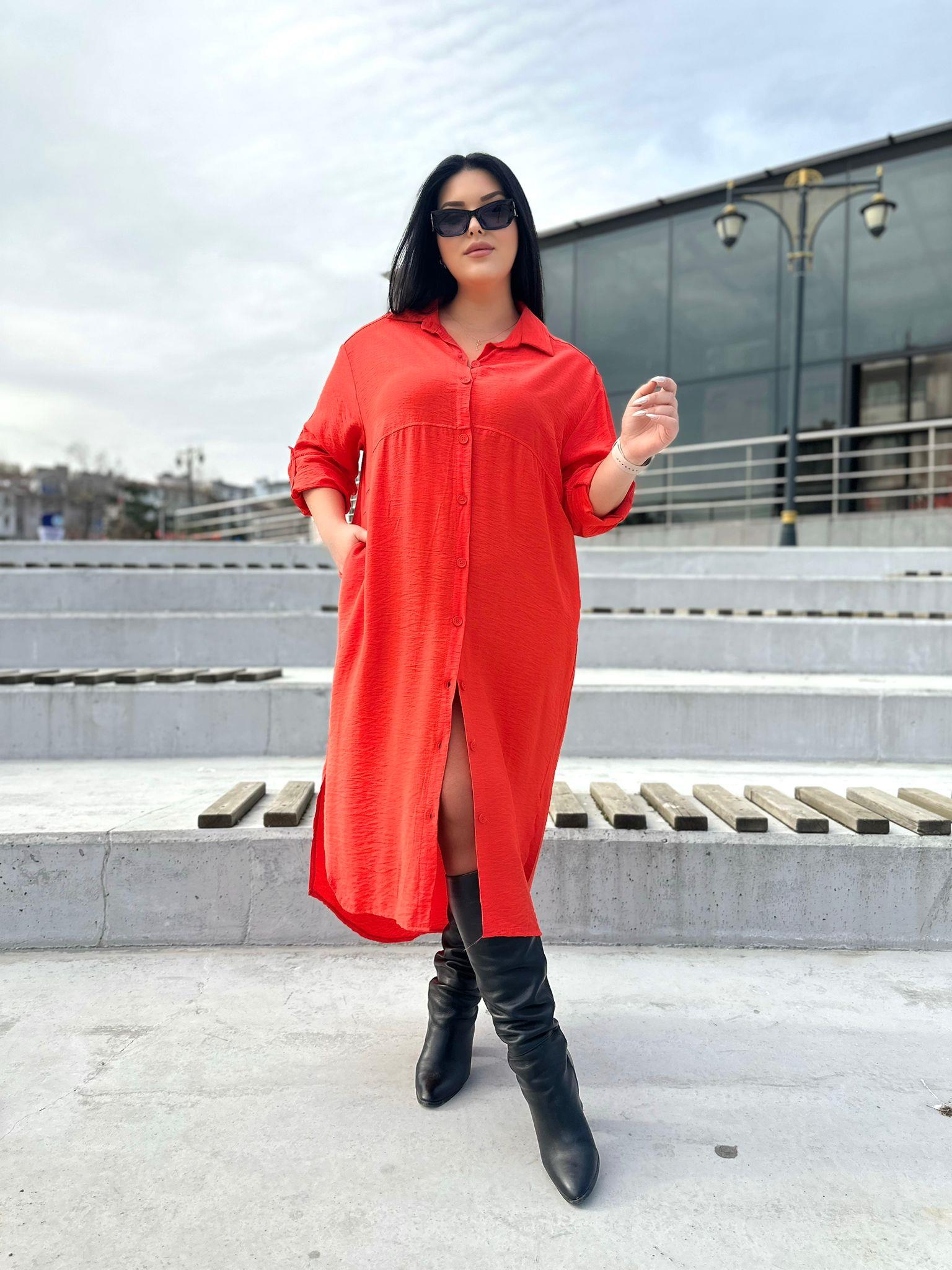 Büyük Beden Ayrobin Kumaş Gömlek Elbise - Narçiçeği