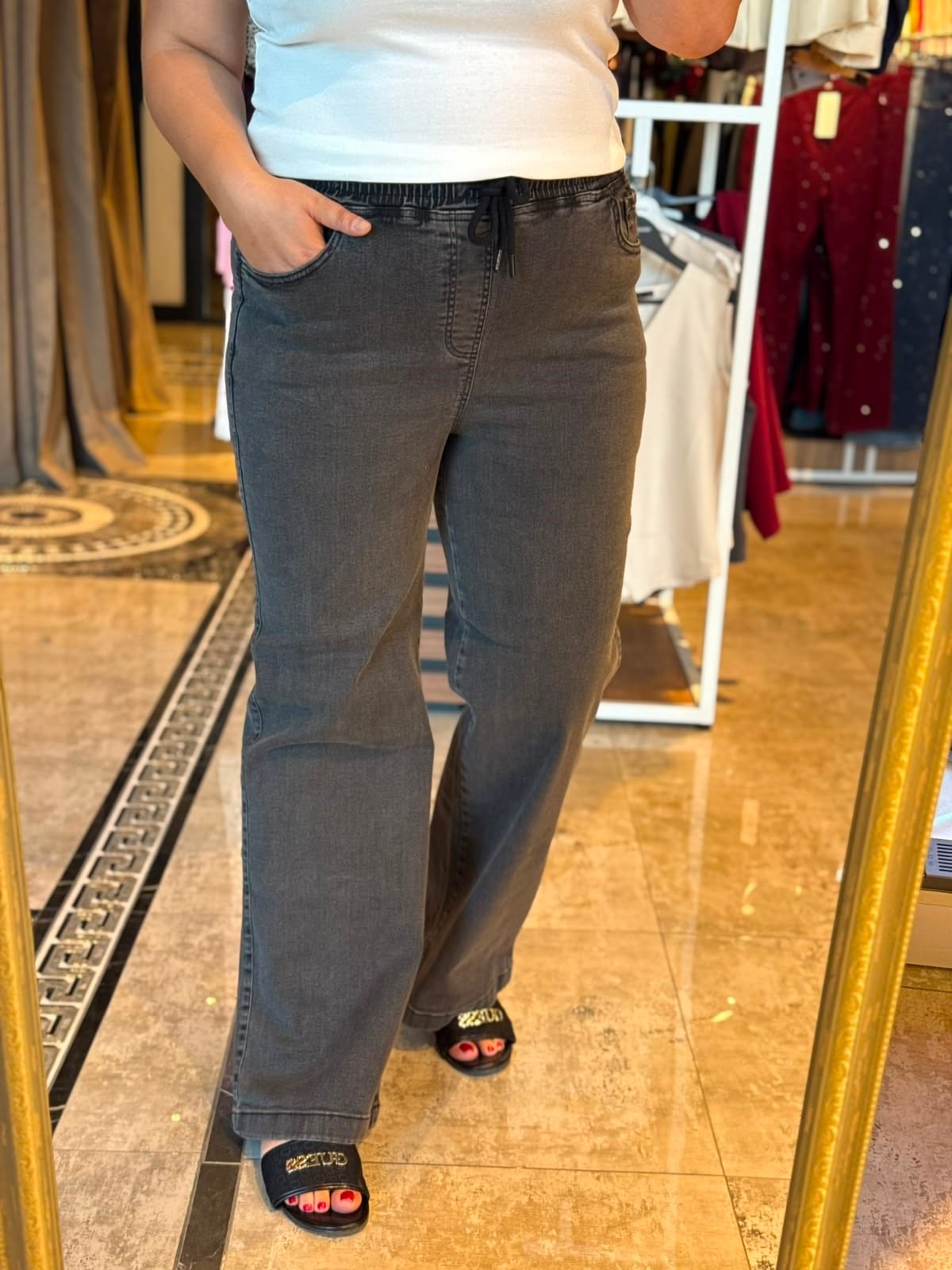 Büyük Beden Bel Lastikli Kadın Palazzo Jean - Antrasit 