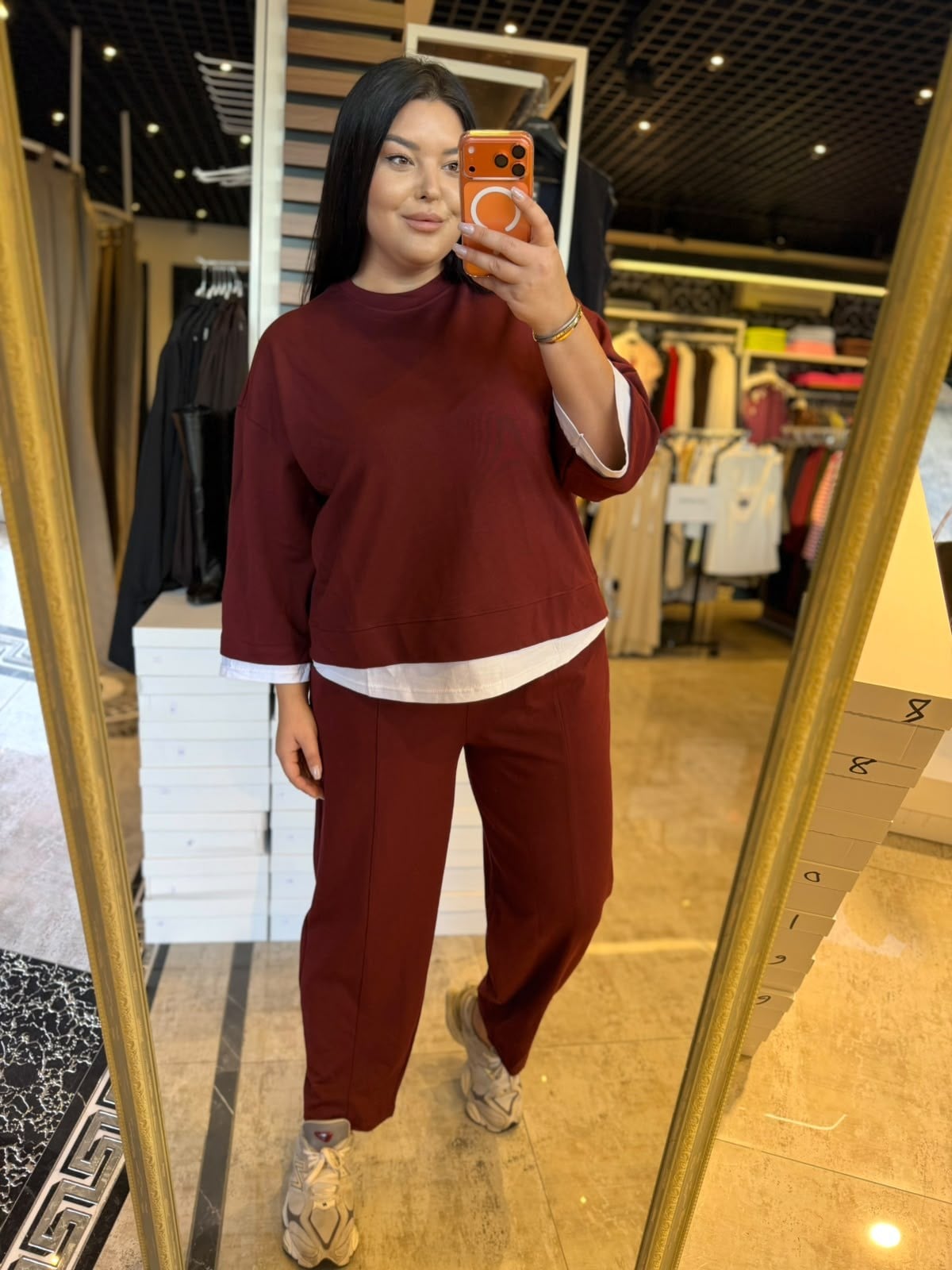 Büyük Beden Çelik Kumaş Basic Kadın İkili Takım - Bordo 
