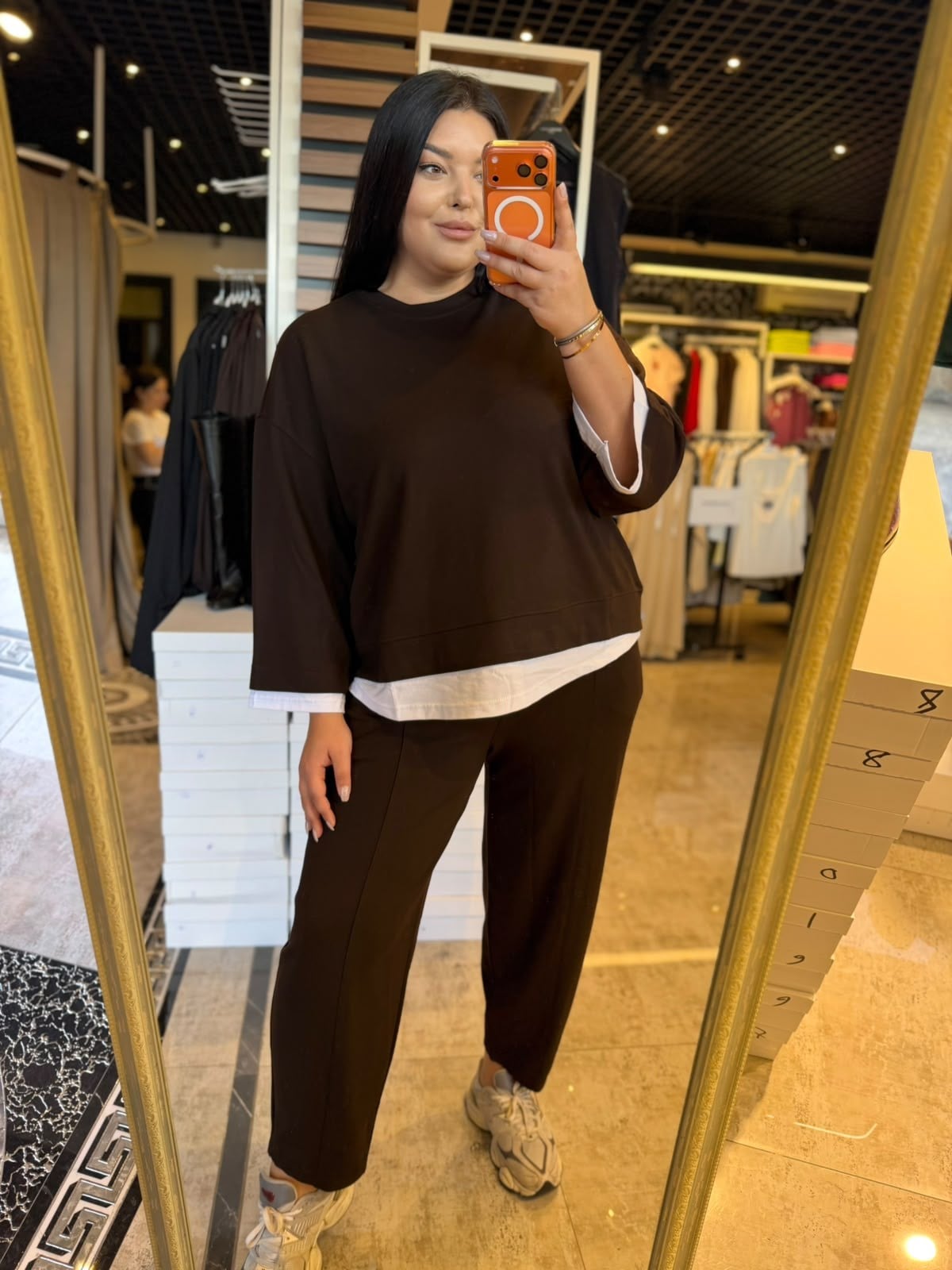 Büyük Beden Çelik Kumaş Basic Kadın İkili Takım - Kahve 