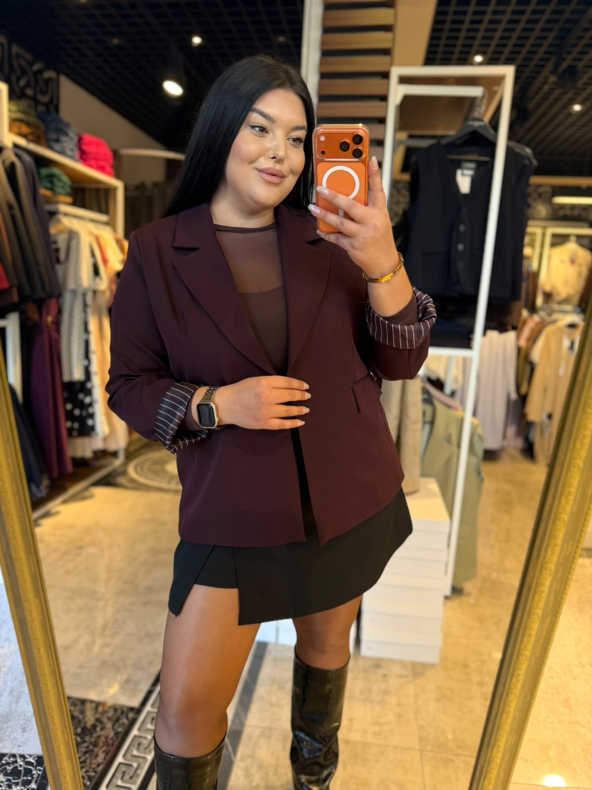 Büyük Beden Çizgili Astar Detaylı Oversize Kadın Blazer Ceket - Mürdüm 