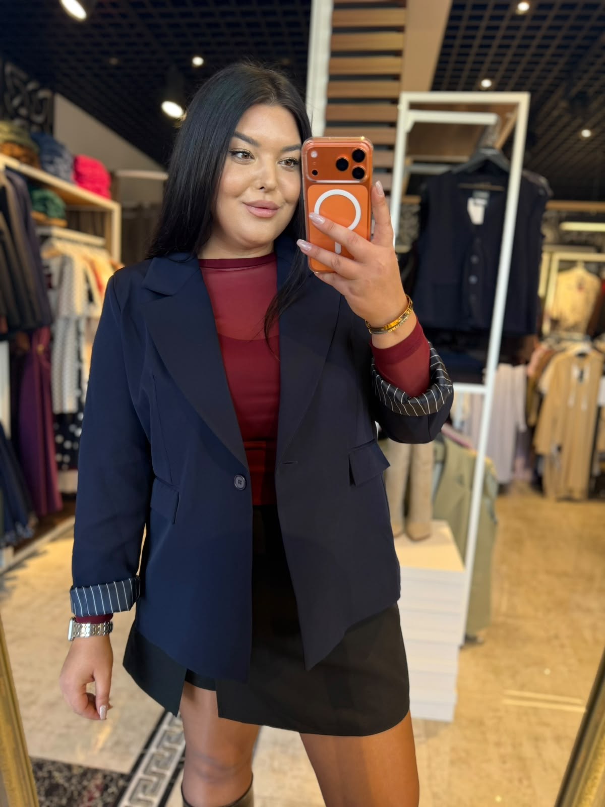 Büyük Beden Çizgili Astar Detaylı Oversize Kadın Blazer Ceket - Lacivert 