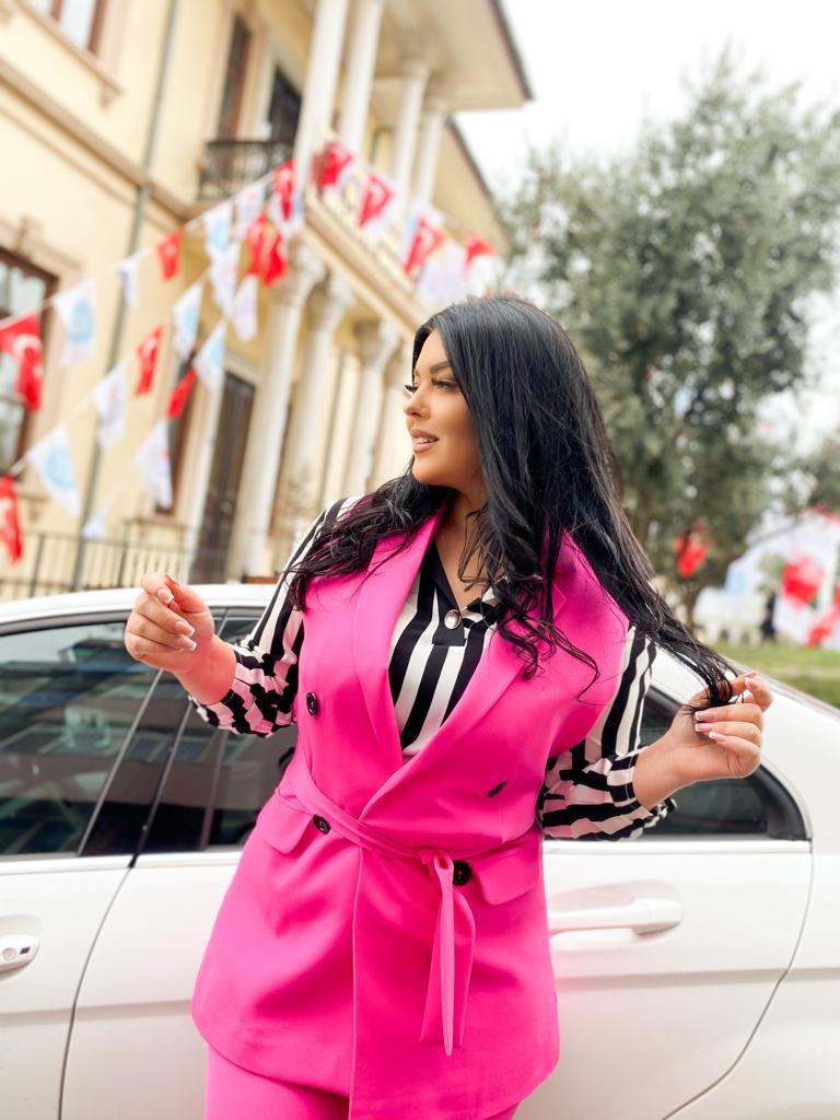 Büyük Beden Düğme Detaylı Astarlı Kadın Blazer  Yelek - Fuşya 