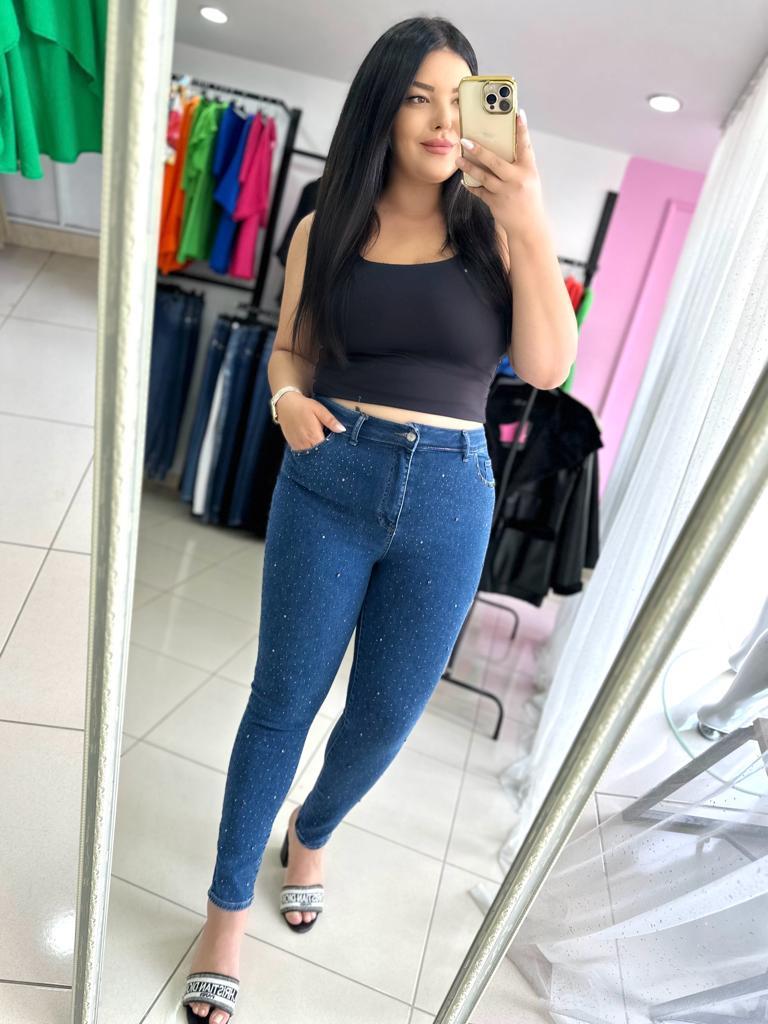 Büyük Beden Full Taşlı Dar Paça Kadın Jean - Mavi