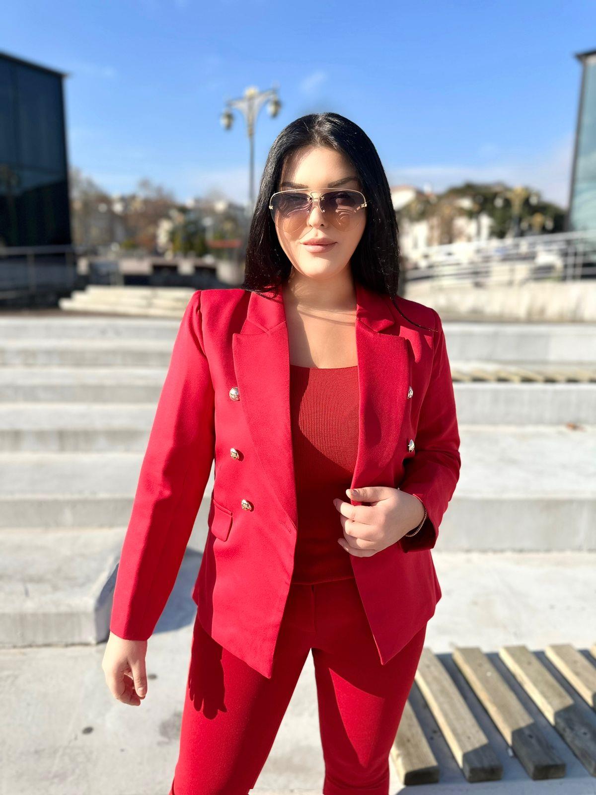 Büyük Beden Gold Düğme Detay Blazer Kadın Ceket - Kırmızı  