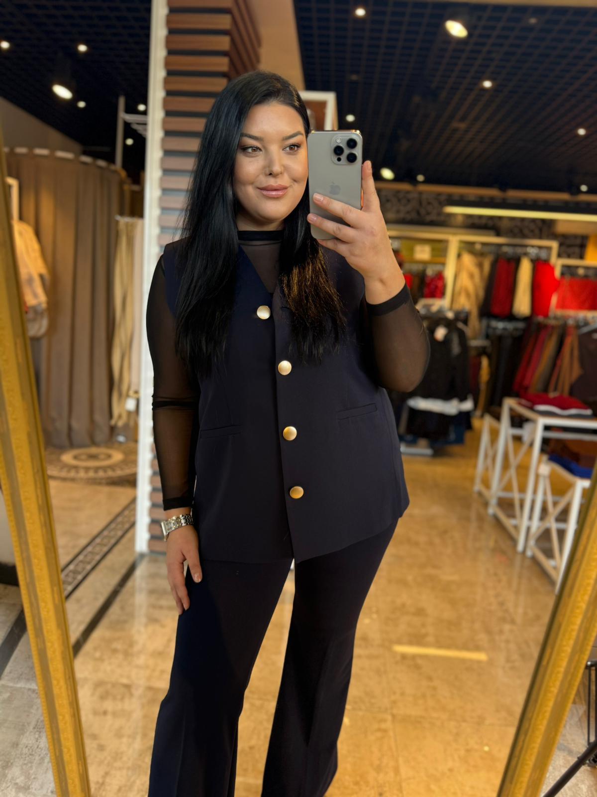Büyük Beden Gold Düğme Detay Kadın Blazer Yelek - Lacivert 