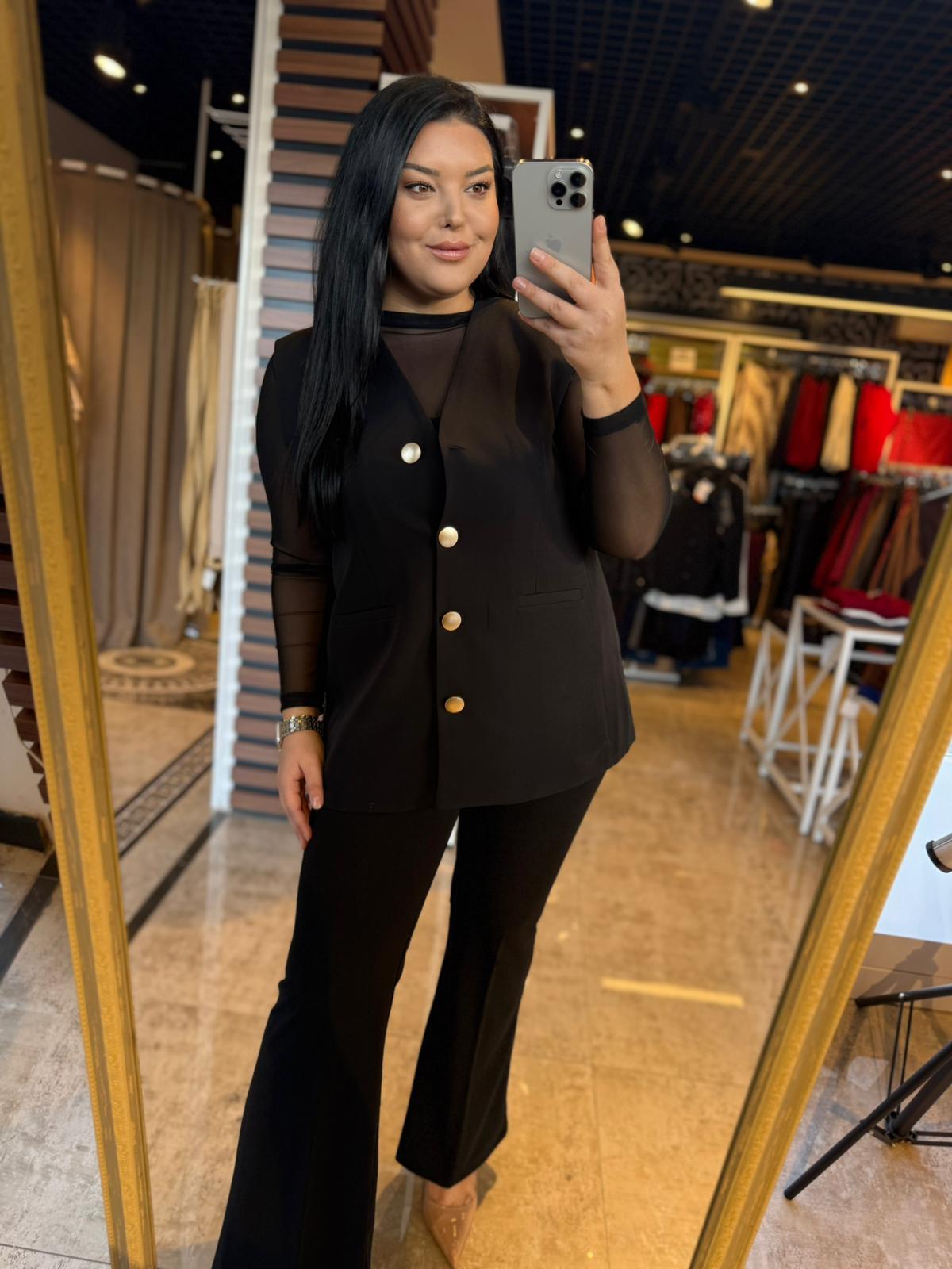 Büyük Beden Gold Düğme Detay Kadın Blazer Yelek - Siyah