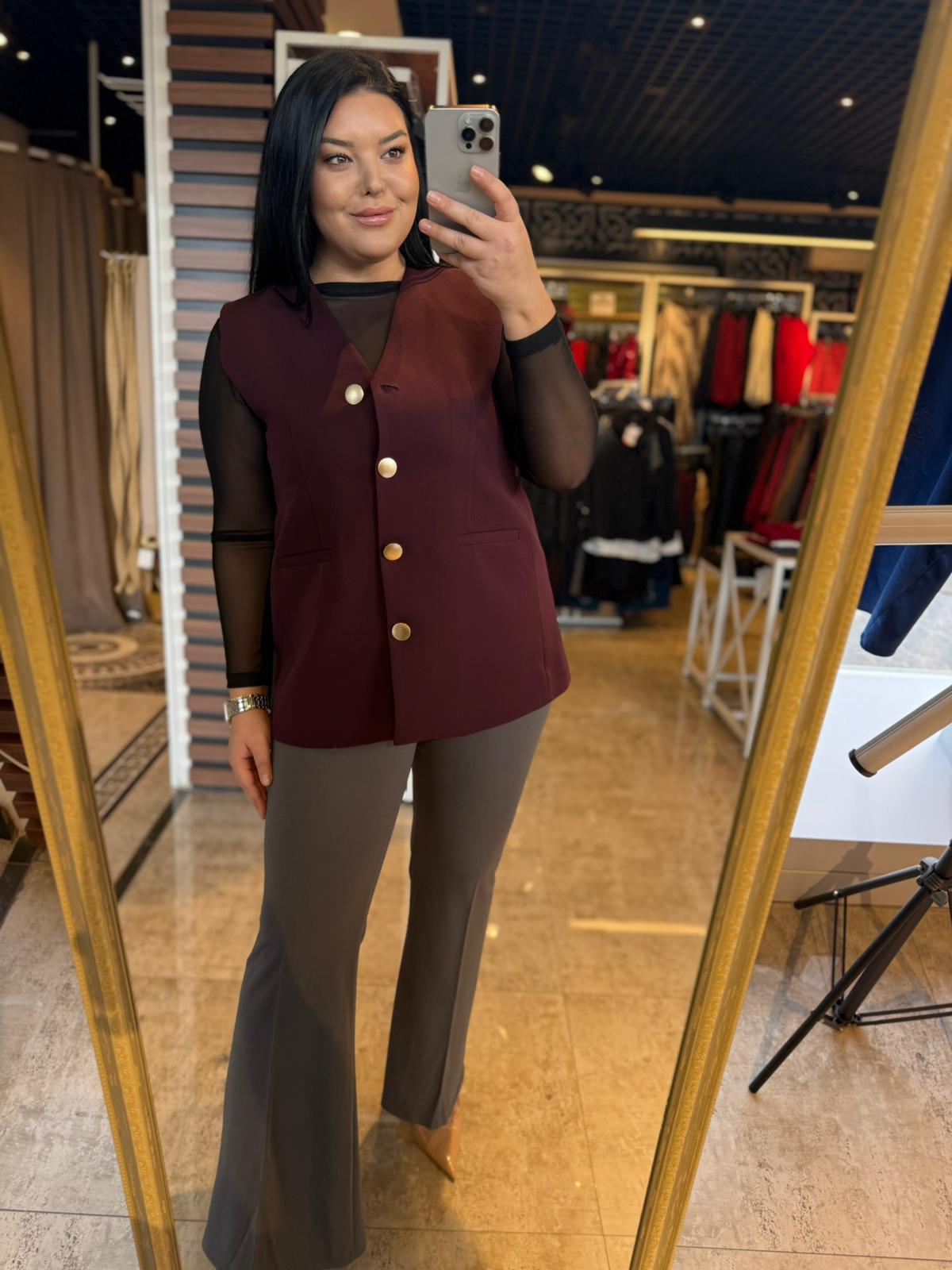 Büyük Beden Gold Düğme Detay Kadın Blazer Yelek - Mürdüm