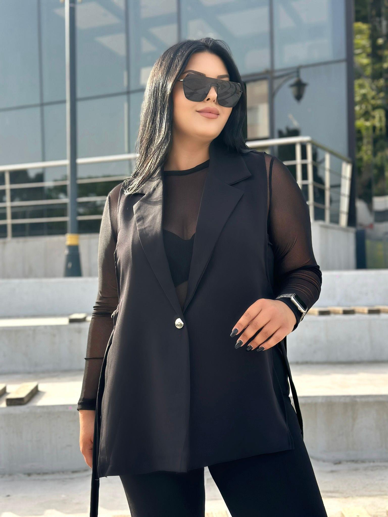 Büyük Beden Gümüş Düğme Detay Kadın Blazer Yelek - Siyah 