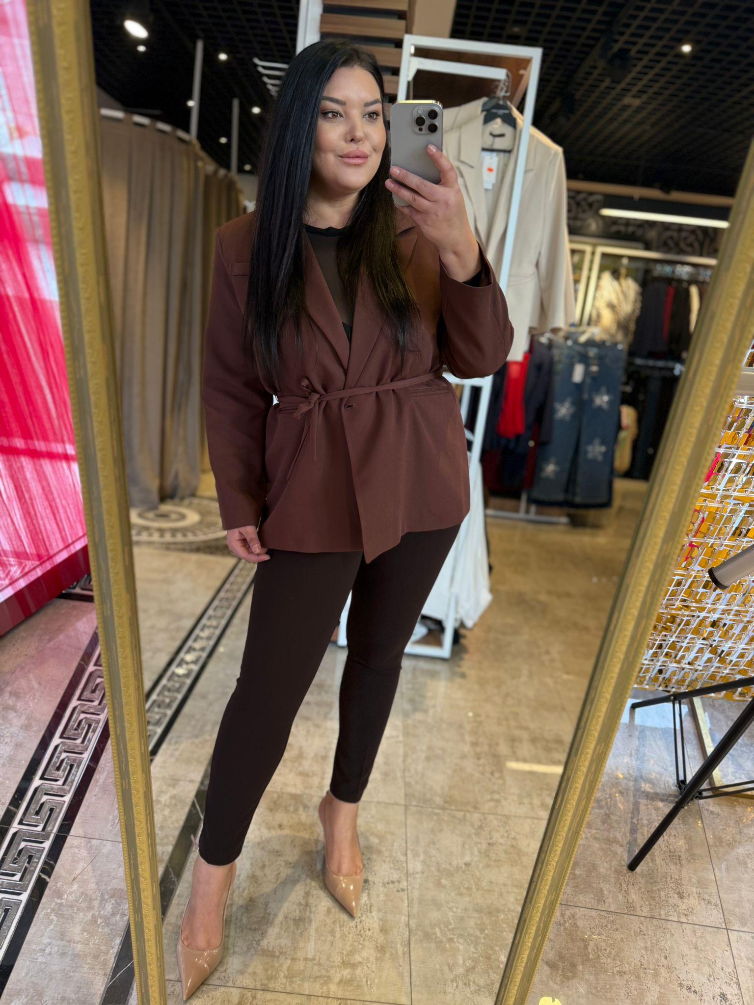 Büyük Beden İp Kemerli Kadın Blazer Ceket - Kahve 