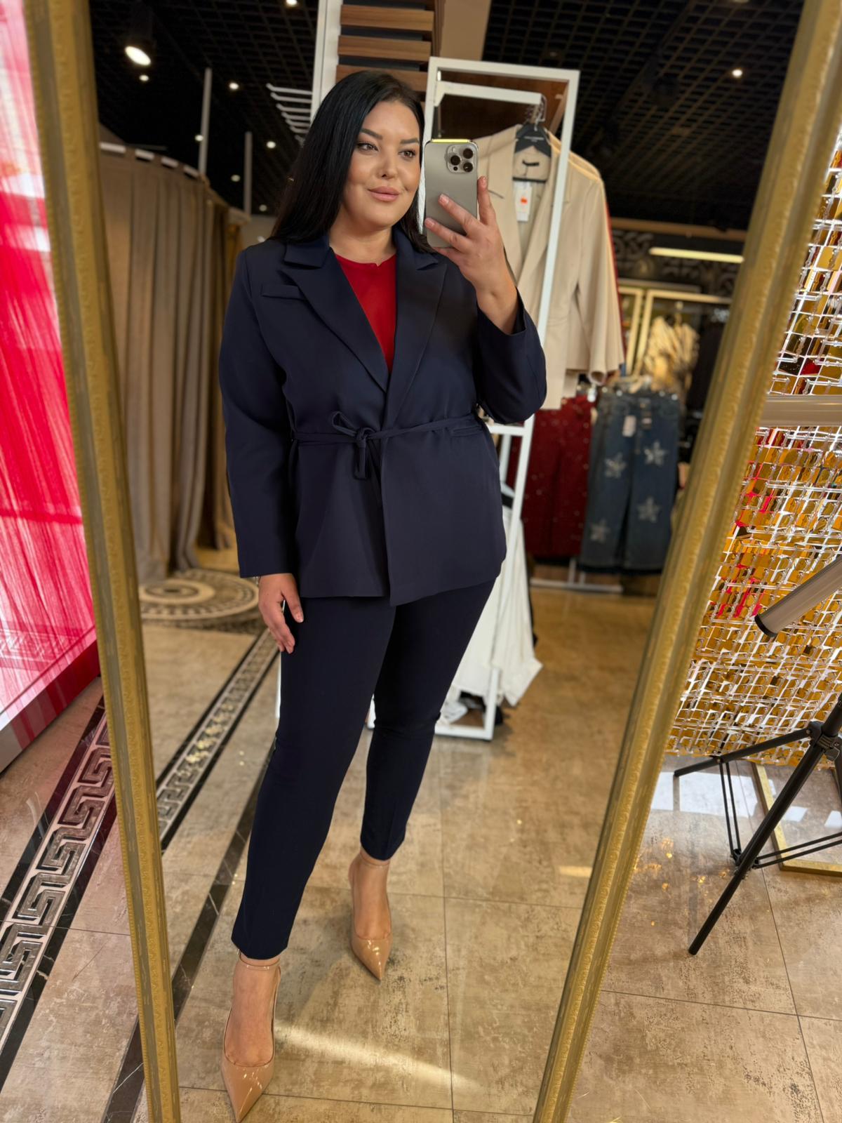 Büyük Beden İp Kemerli Kadın Blazer Ceket - Lacivert 