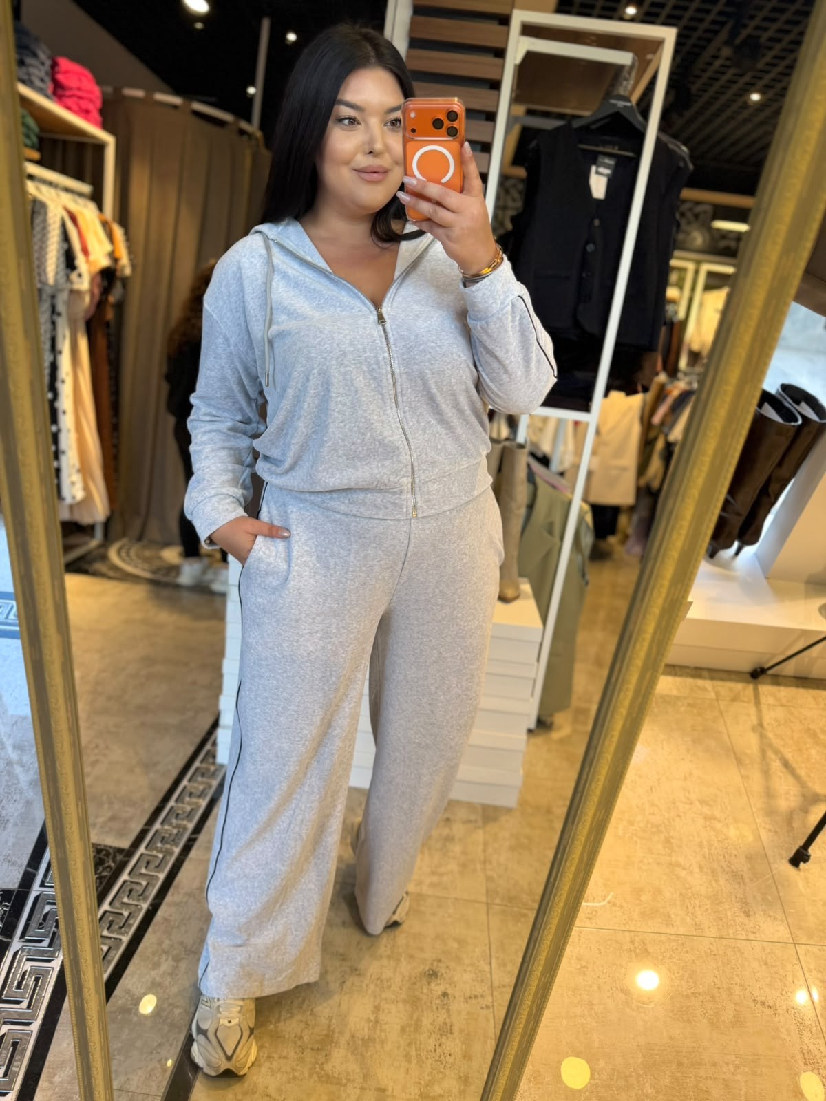 Büyük Beden Kapüşonlu Şerit Detaylı Oversize Kadife Kadın İkili takım - Gri 