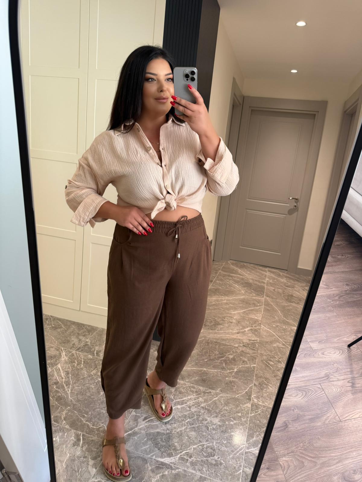 Büyük Beden Keten Bel Lastikli Kadın Pantolon - Kahve 