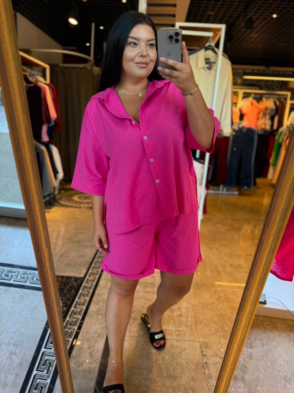 Büyük Beden Keten Gömlekli Şortlu Kadın İkili Takım - Pembe 