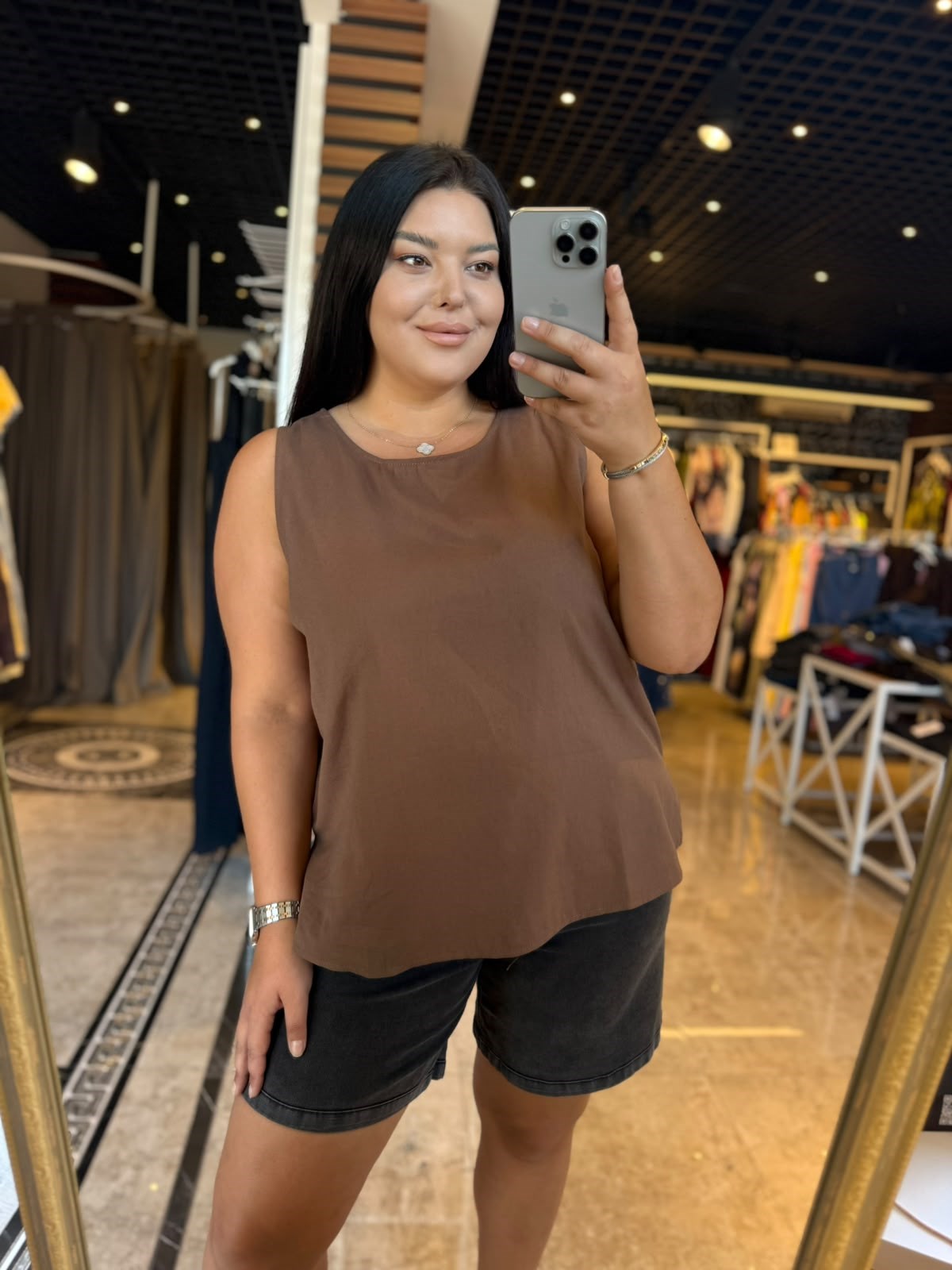 Büyük Beden Keten Kumaş Kadın Bluz - Kahve 