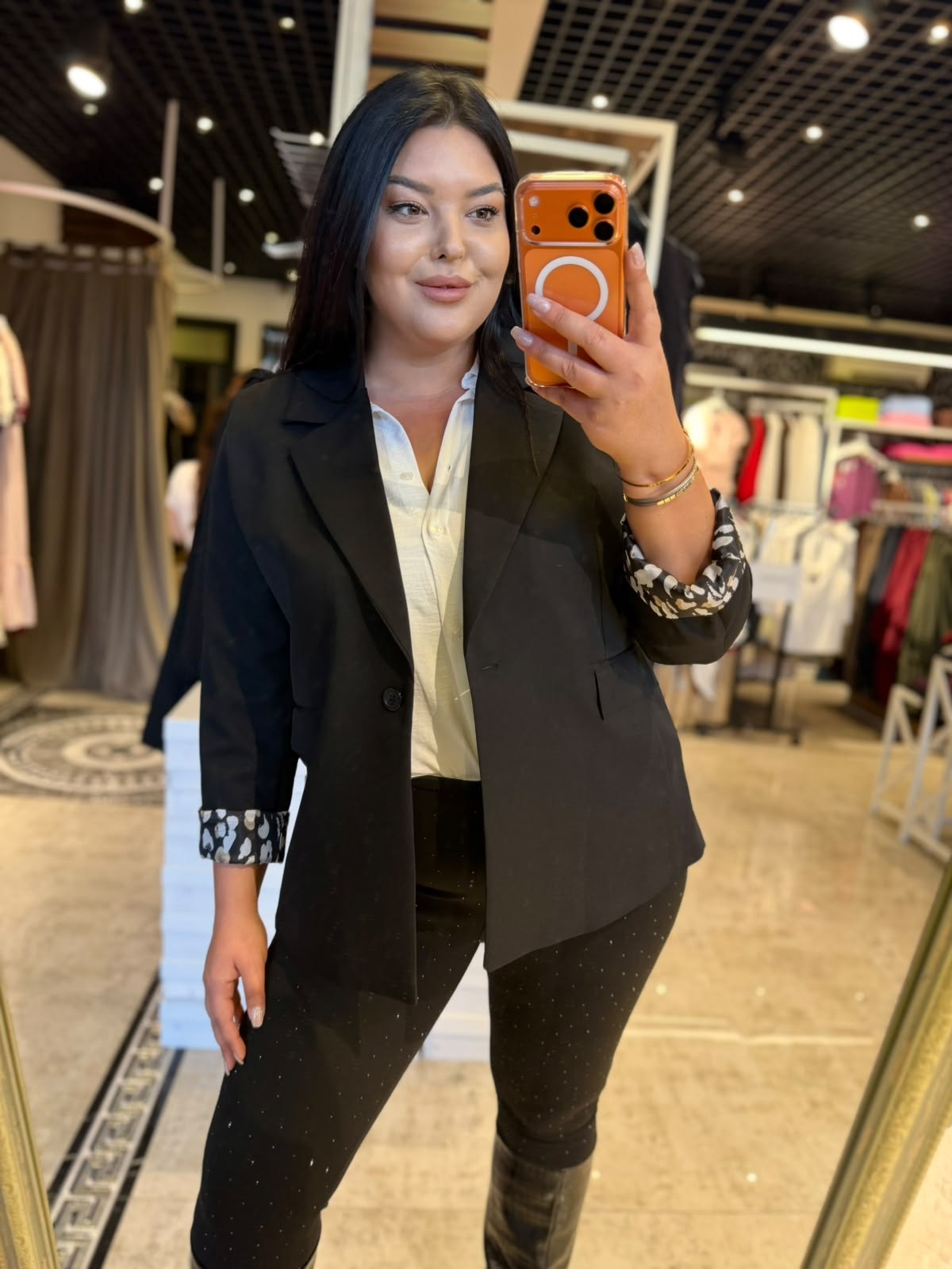 Büyük Beden Kol Leopar Detay Astarlı Kadın Blazer Ceket - Siyah  