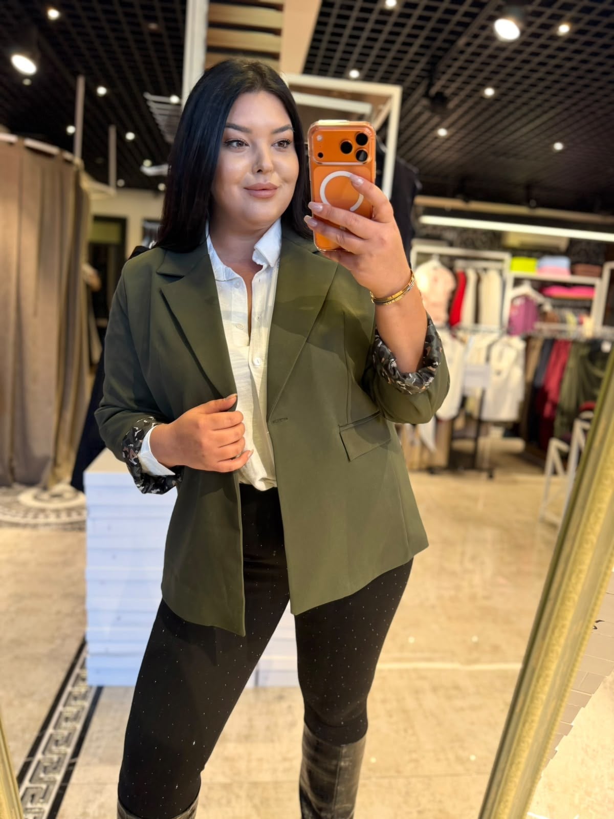 Büyük Beden Kol Leopar Detay Astarlı Kadın Blazer Ceket - Yeşil
