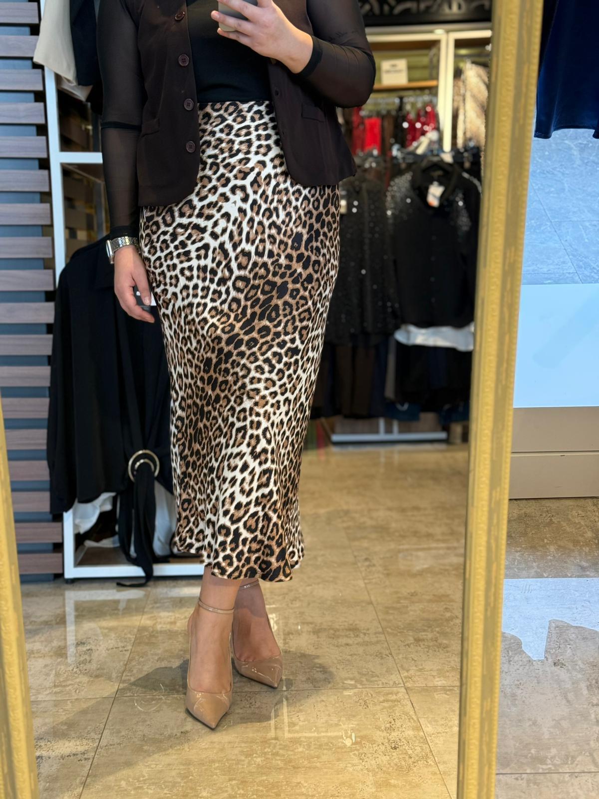 Büyük Beden Leopar Desenli Saten Kumaş Maxi Boy Etek - Kahve 