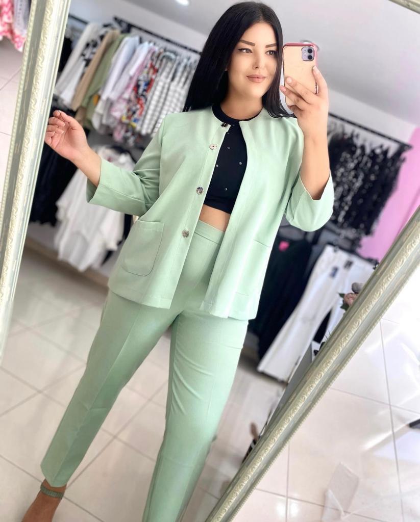Büyük Beden Likralı Klasil Kadın İkili Takım - Mint Yeşil
