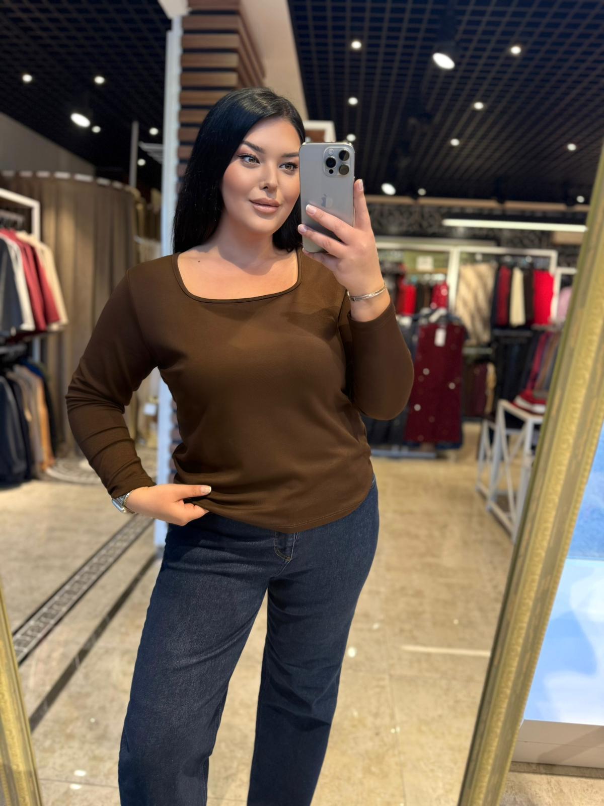 Büyük Beden Likralı Modal Kumaş Kadın Bluz - Kahve 