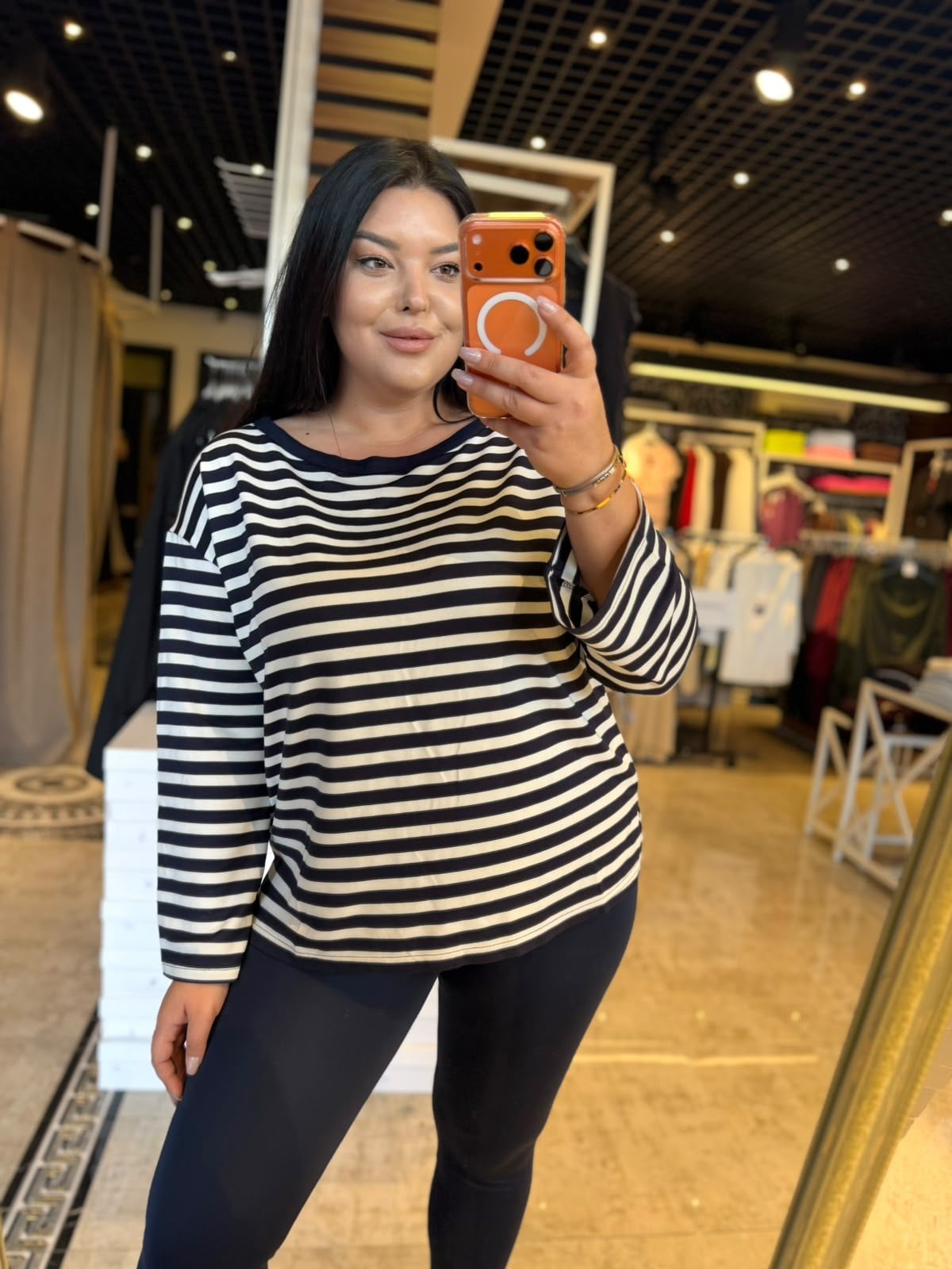 Büyük Beden Likralı Oversize Çizgili Kadın Sweat - Lacivert 