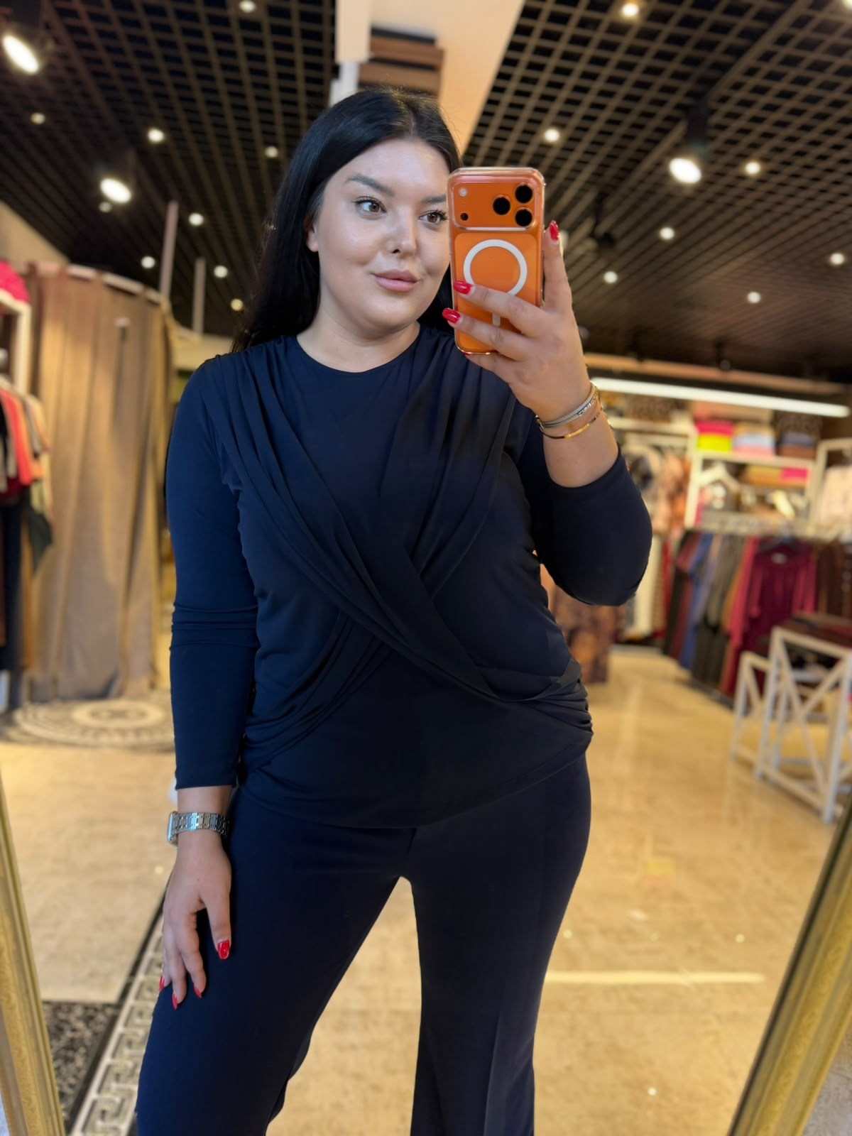 Büyük Beden Likralı Sandy Çapraz Kadın Bluz - Lacivert 