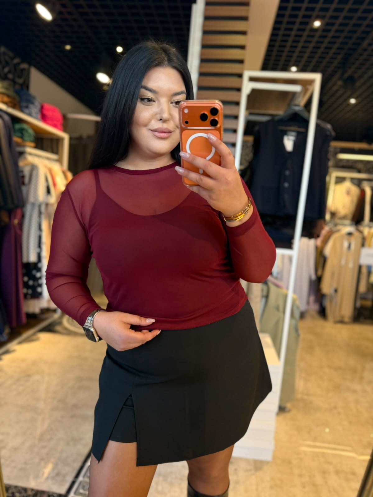 Büyük Beden Likralı Tül Transparan Kadın Body - Bordo 