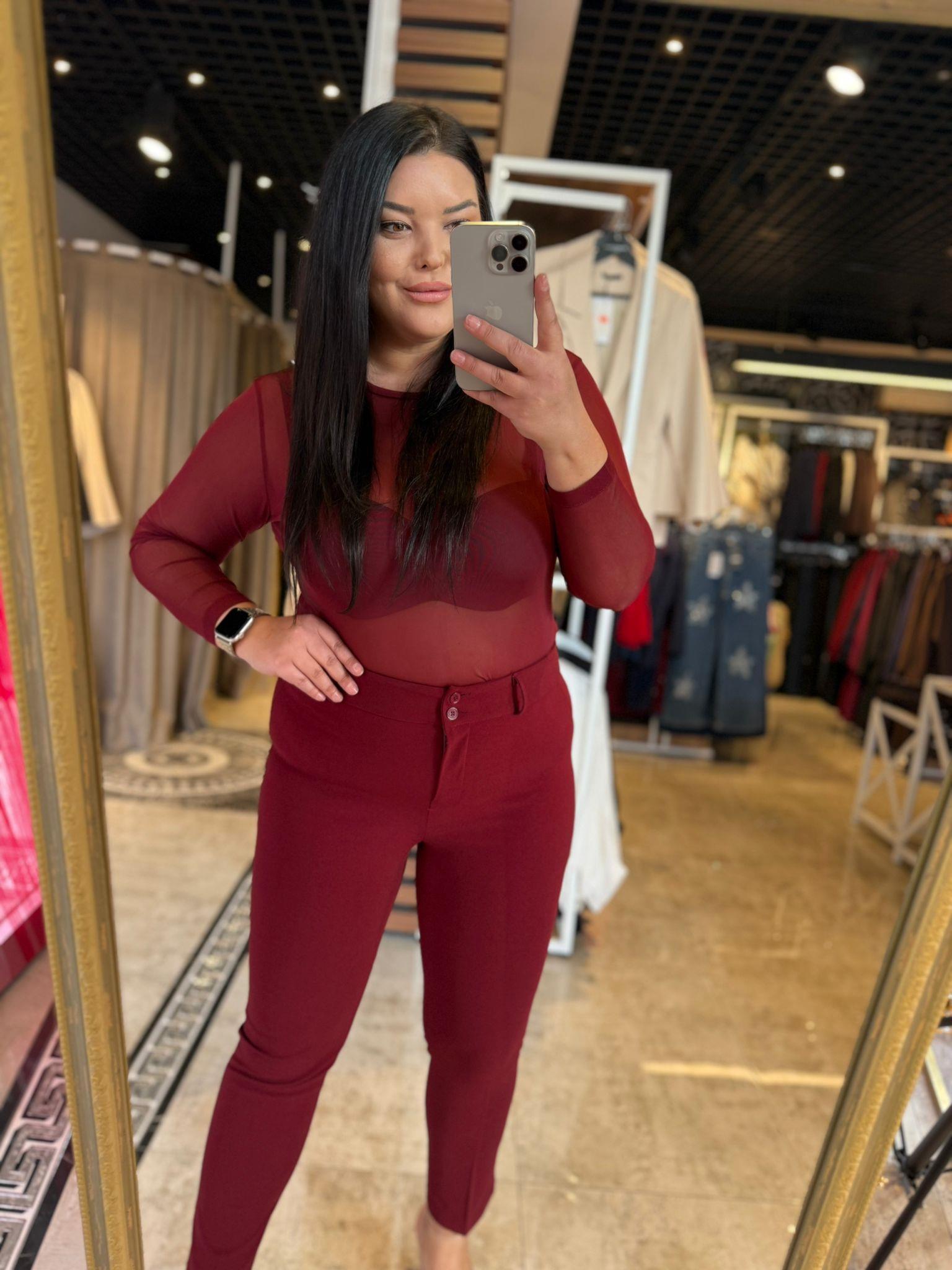 Büyük Beden Likralı Tül Transparan Kadın Body - Bordo 
