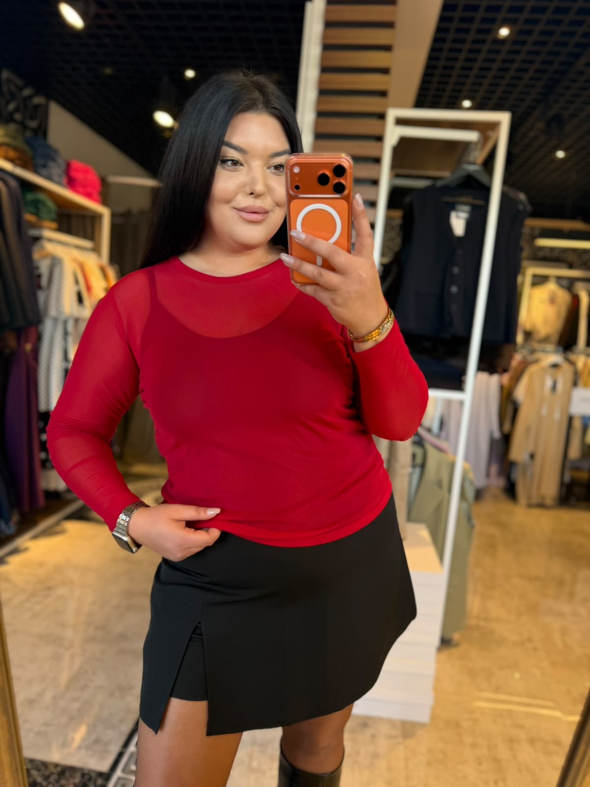 Büyük Beden Likralı Tül Transparan Kadın Body - Kırmızı 