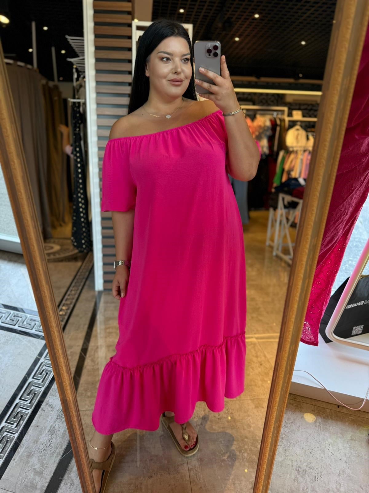 Büyük Beden Madonna Lastikli Yaka Kısa Kollu Maxi Boy Elbise - Pembe 