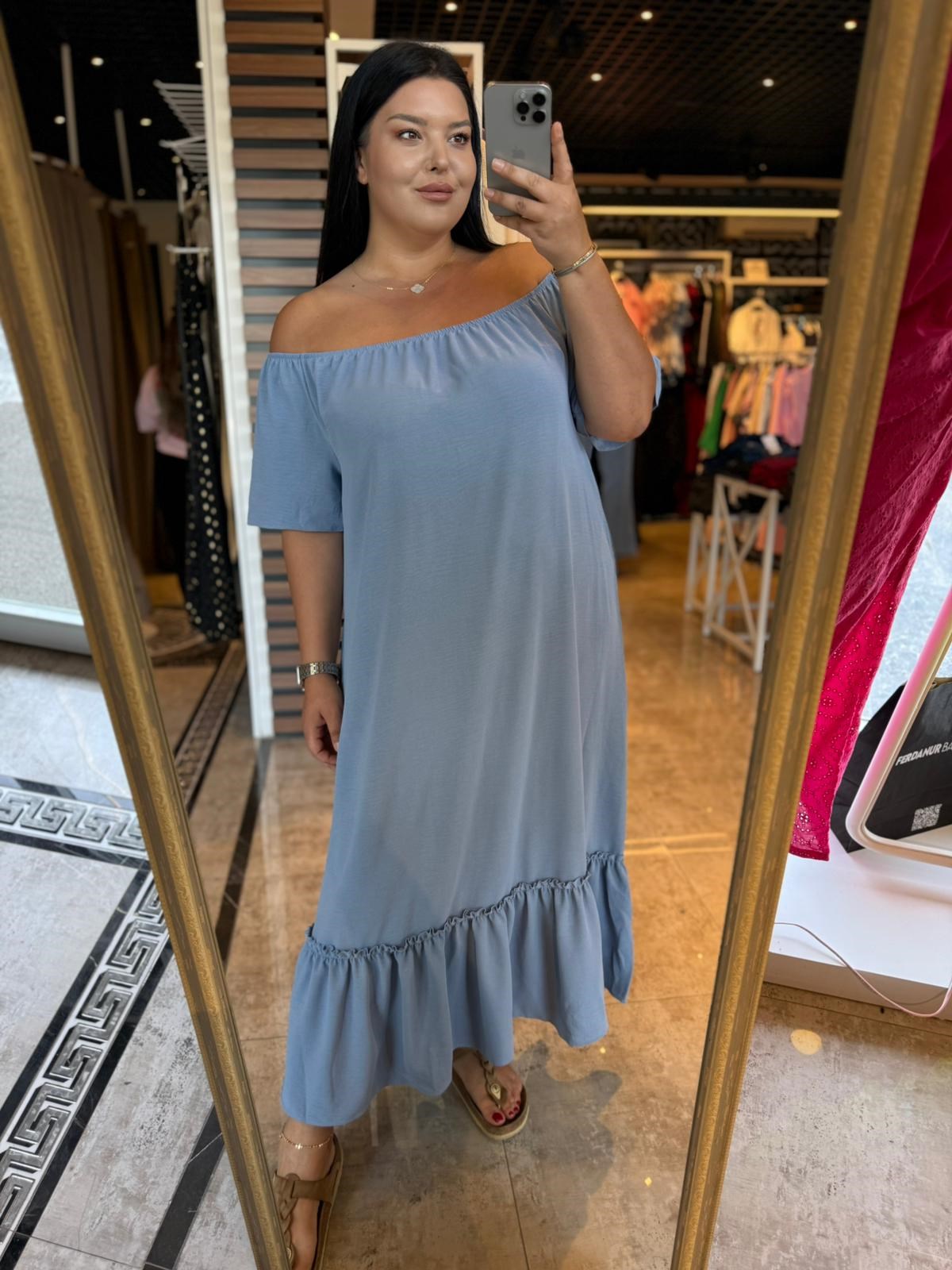 Büyük Beden Madonna Lastikli Yaka Kısa Kollu Maxi Boy Elbise - Mavi 