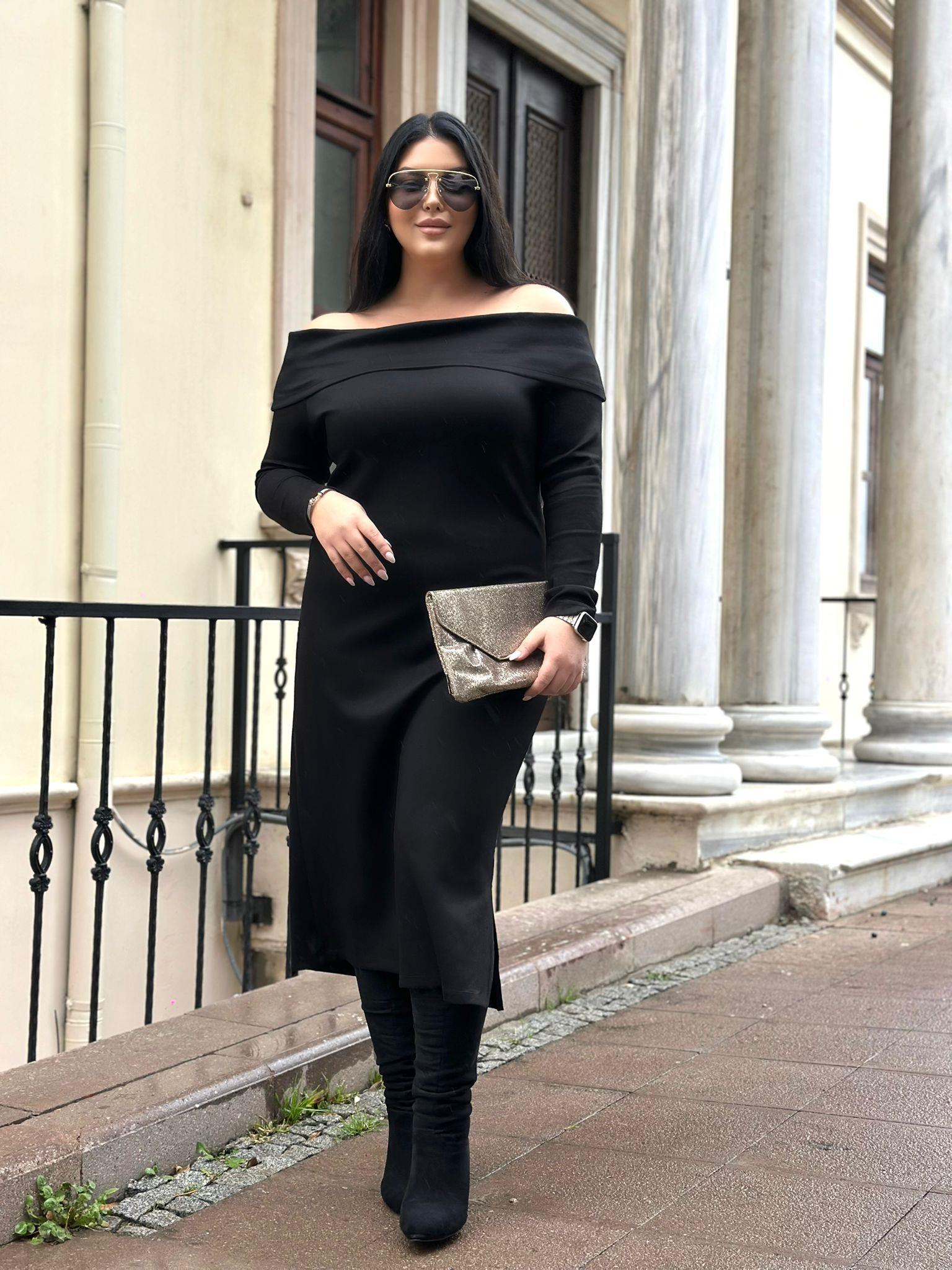 Büyük Beden Modal Kumaş Madonna  Yaka Maxi Boy Elbise - Siyah