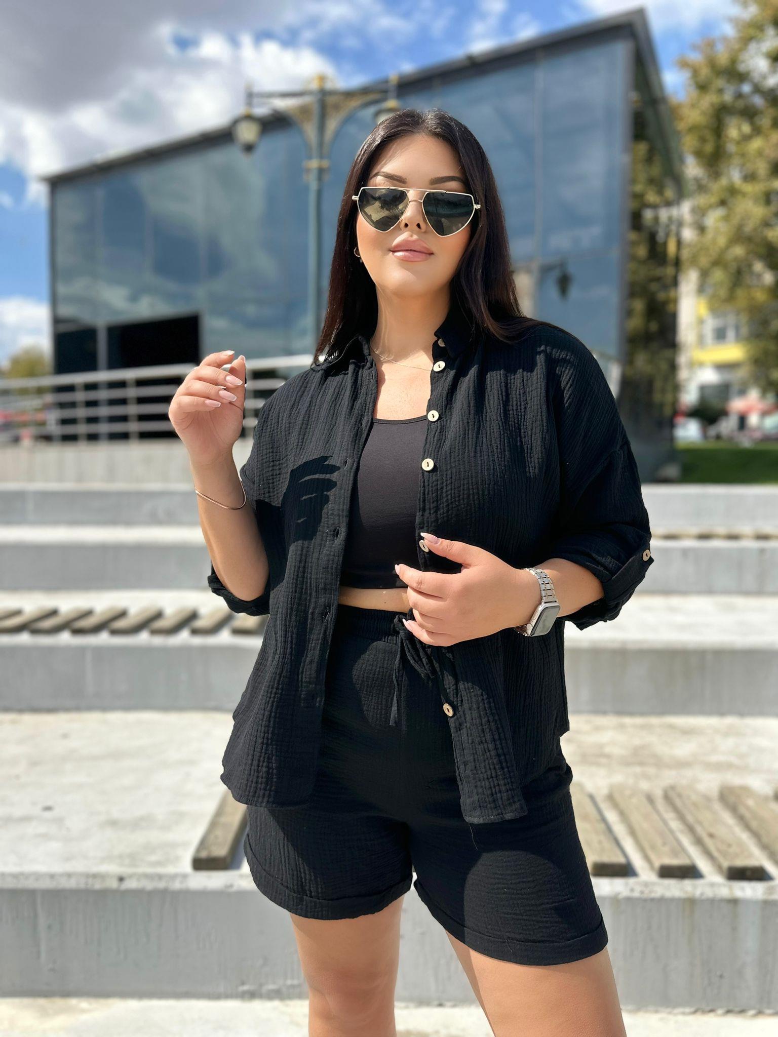 Büyük Beden Müslin Kumaş Kadın İkili Takım - Siyah 