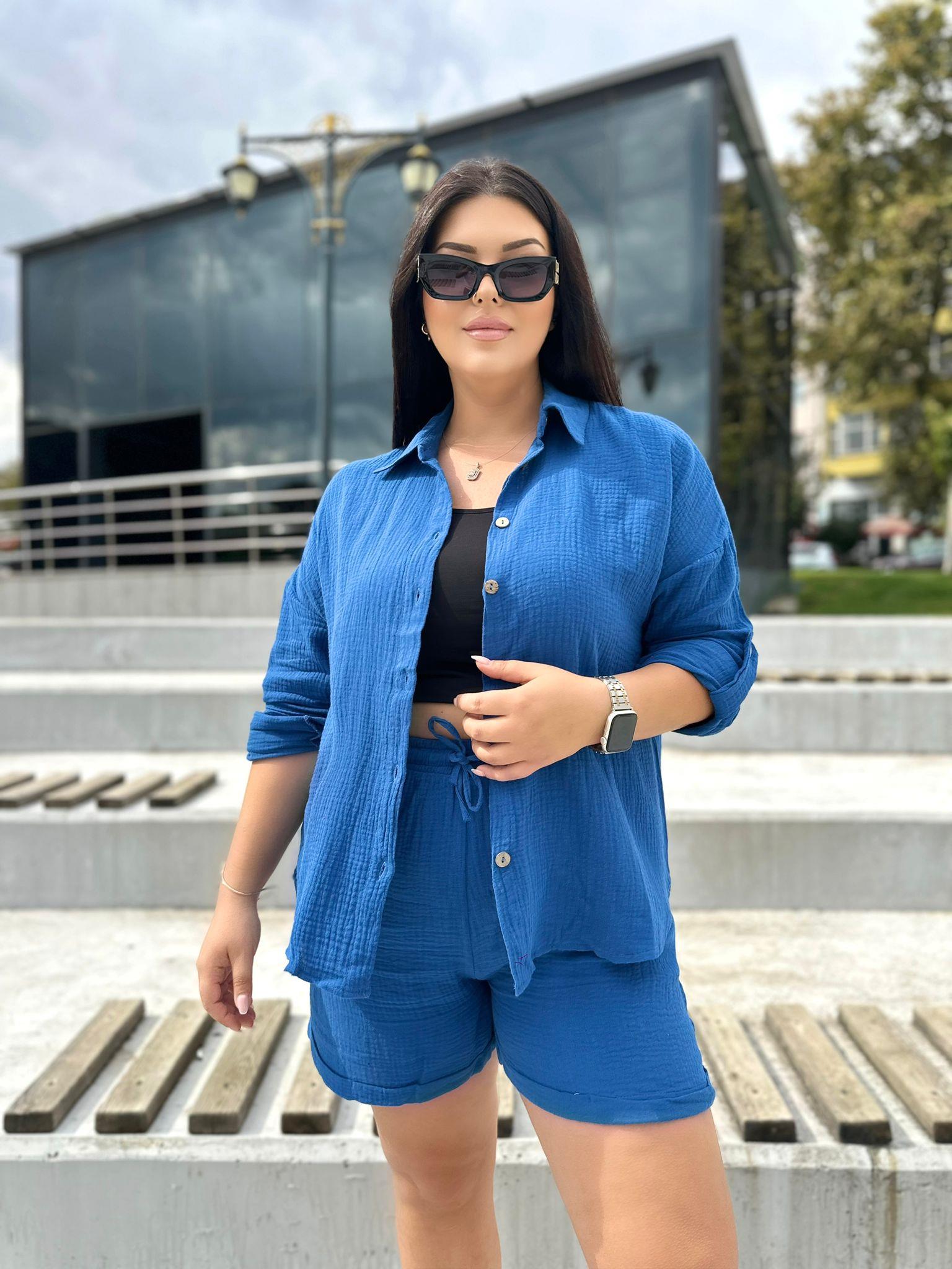 Büyük Beden Müslin Kumaş Kadın İkili Takım - Mavi 
