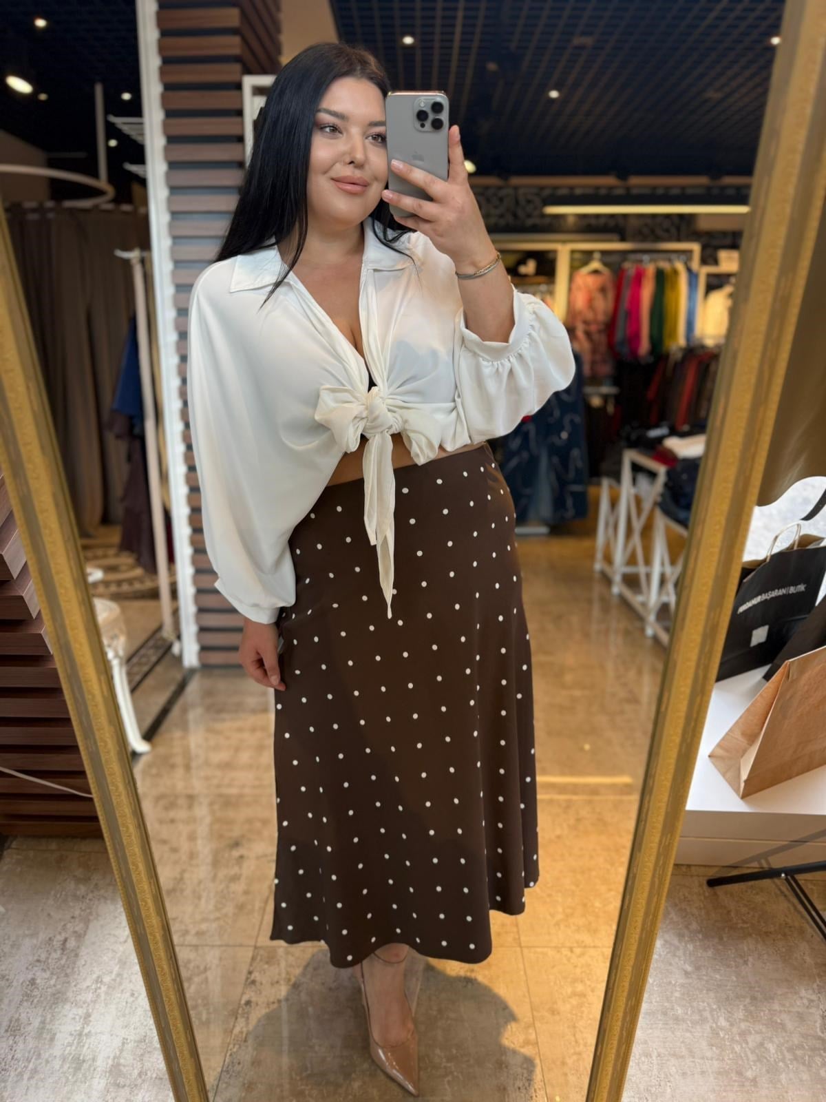 Büyük Beden Puantiye Desenli Maxi Boy Etek - Kahve 