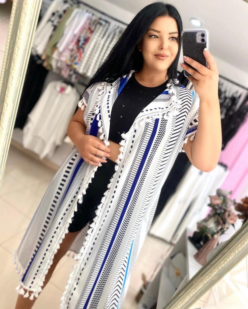 Büyük Beden Püsküllü Desenli Kadın Kimono - Saks