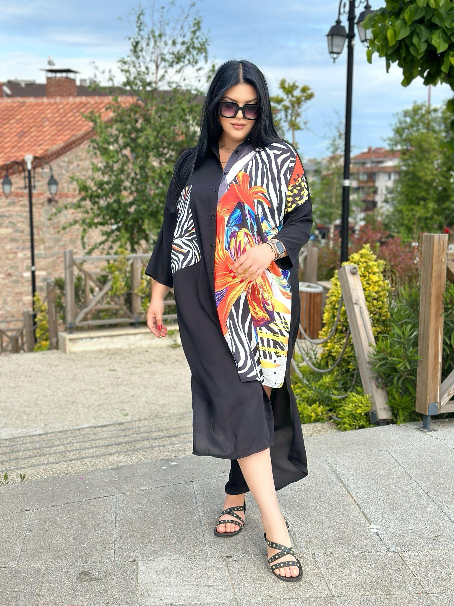 Büyük Beden Şifon Kumaş Zebra Desenli Gömlek Elbise - Siyah 