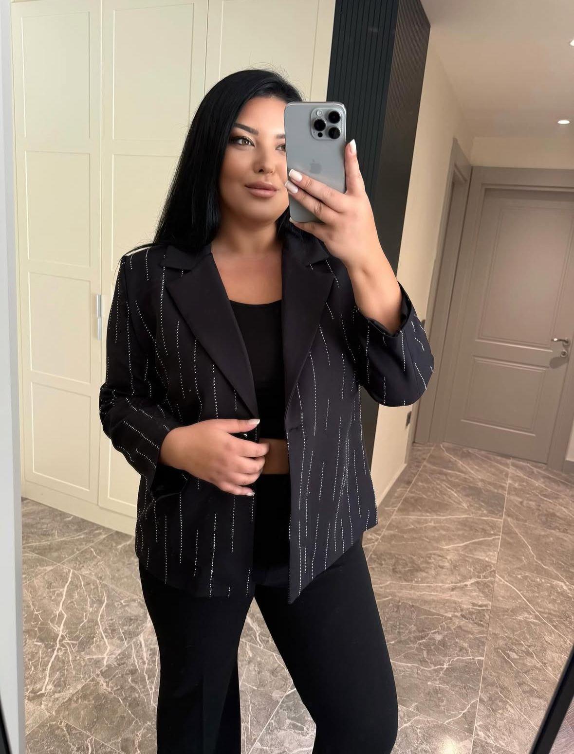 Büyük Beden Taş Detaylı Astarlı Kadın Blazer Ceket - Siyah 