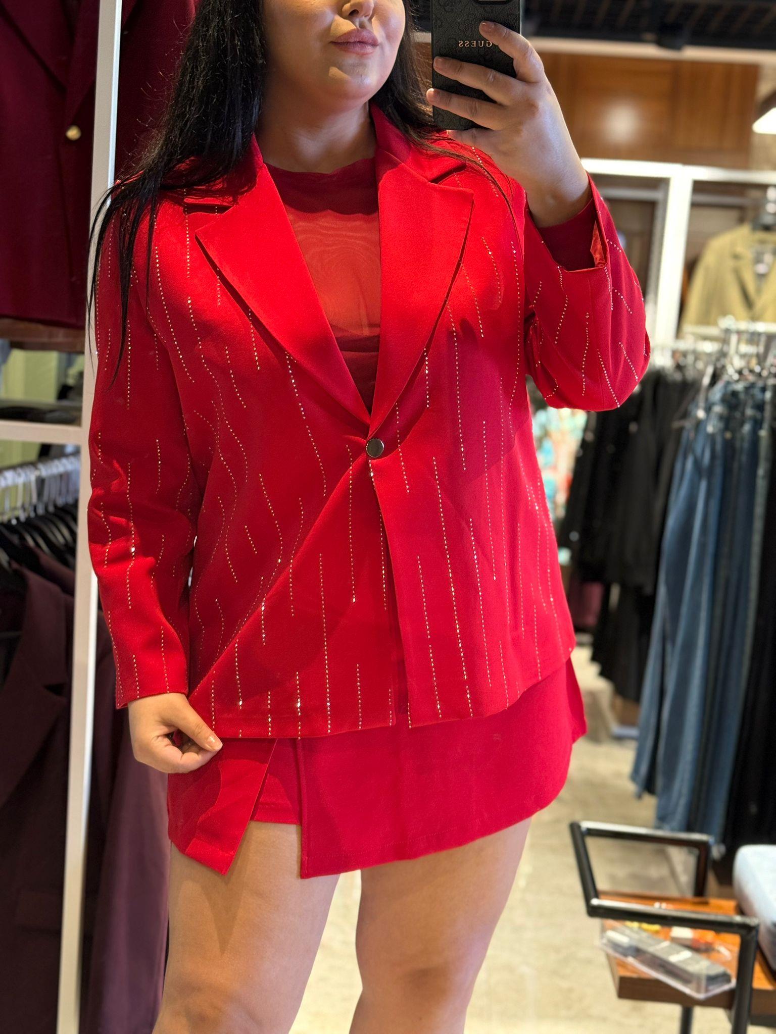 Büyük Beden Taş Detaylı Astarlı Kadın Blazer Ceket - Kırmızı 