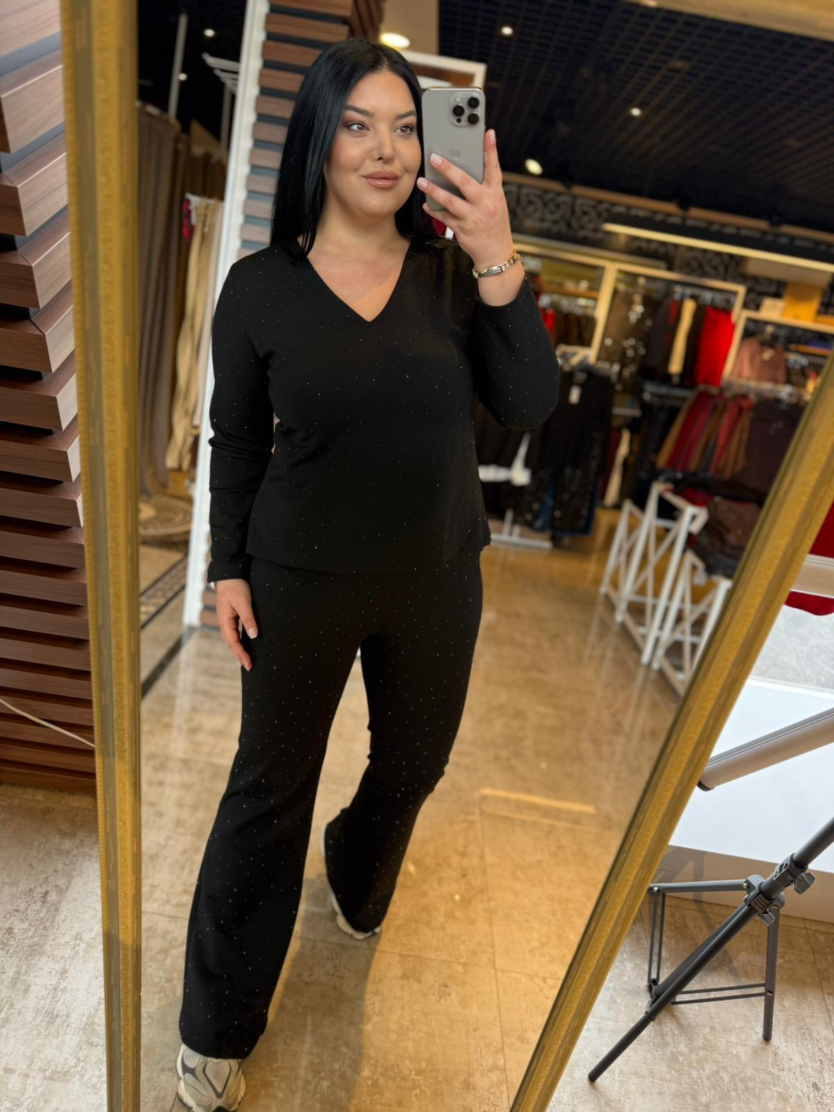 Büyük Beden Taşlı Skinny Çelik İkili Takım - Siyah 