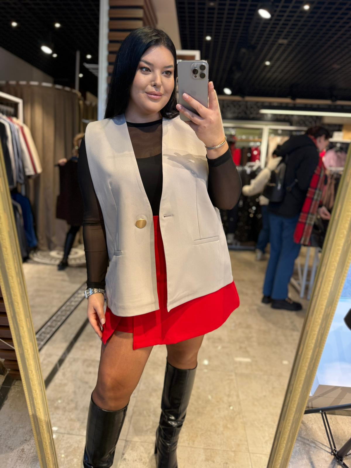 Büyük Beden Tek  Gold Düğme Detay Kadın Blazer Yelek - Gri 