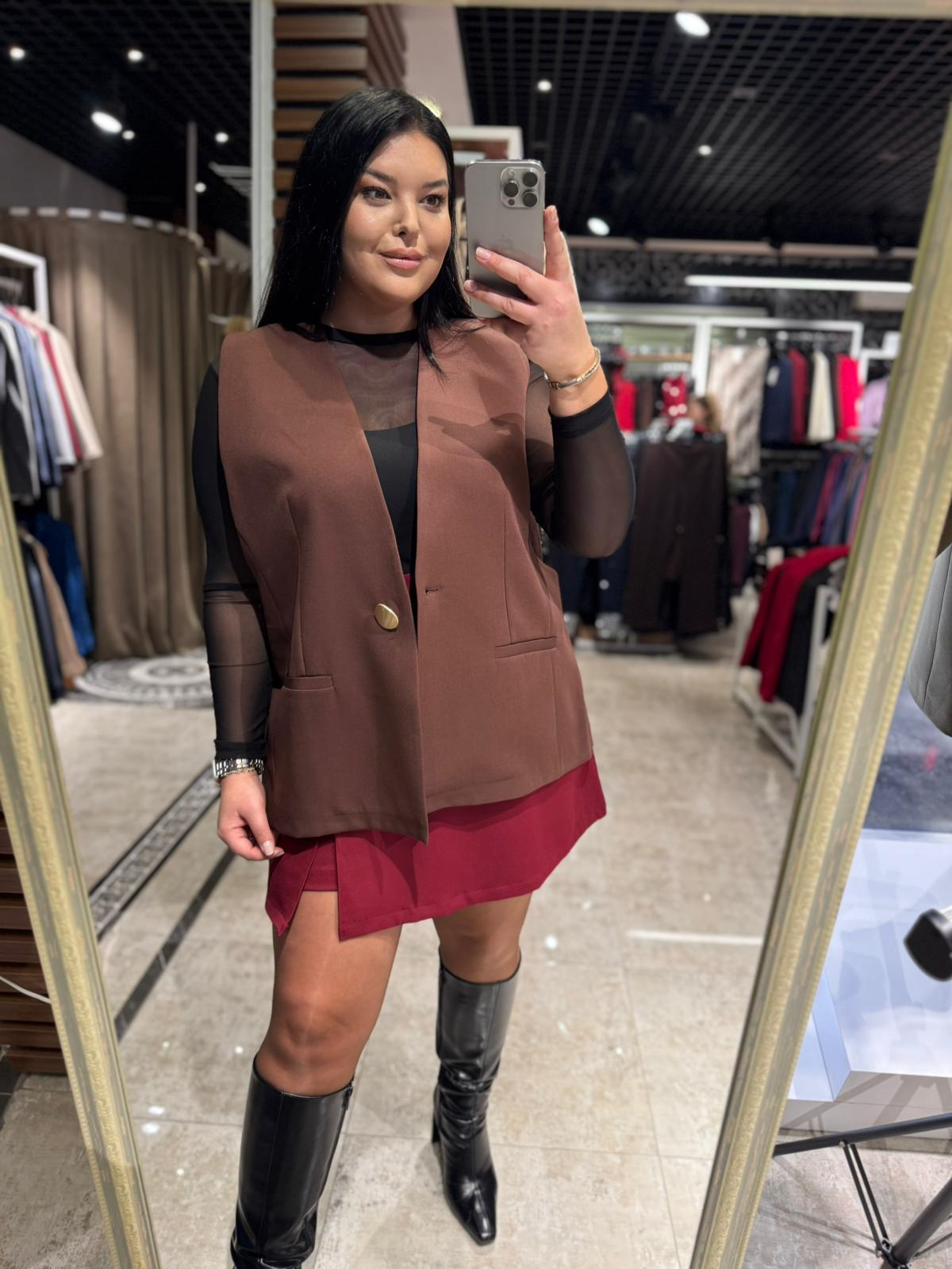 Büyük Beden Tek Gold Düğme Detay Kadın Blazer Yelek - Kahve 